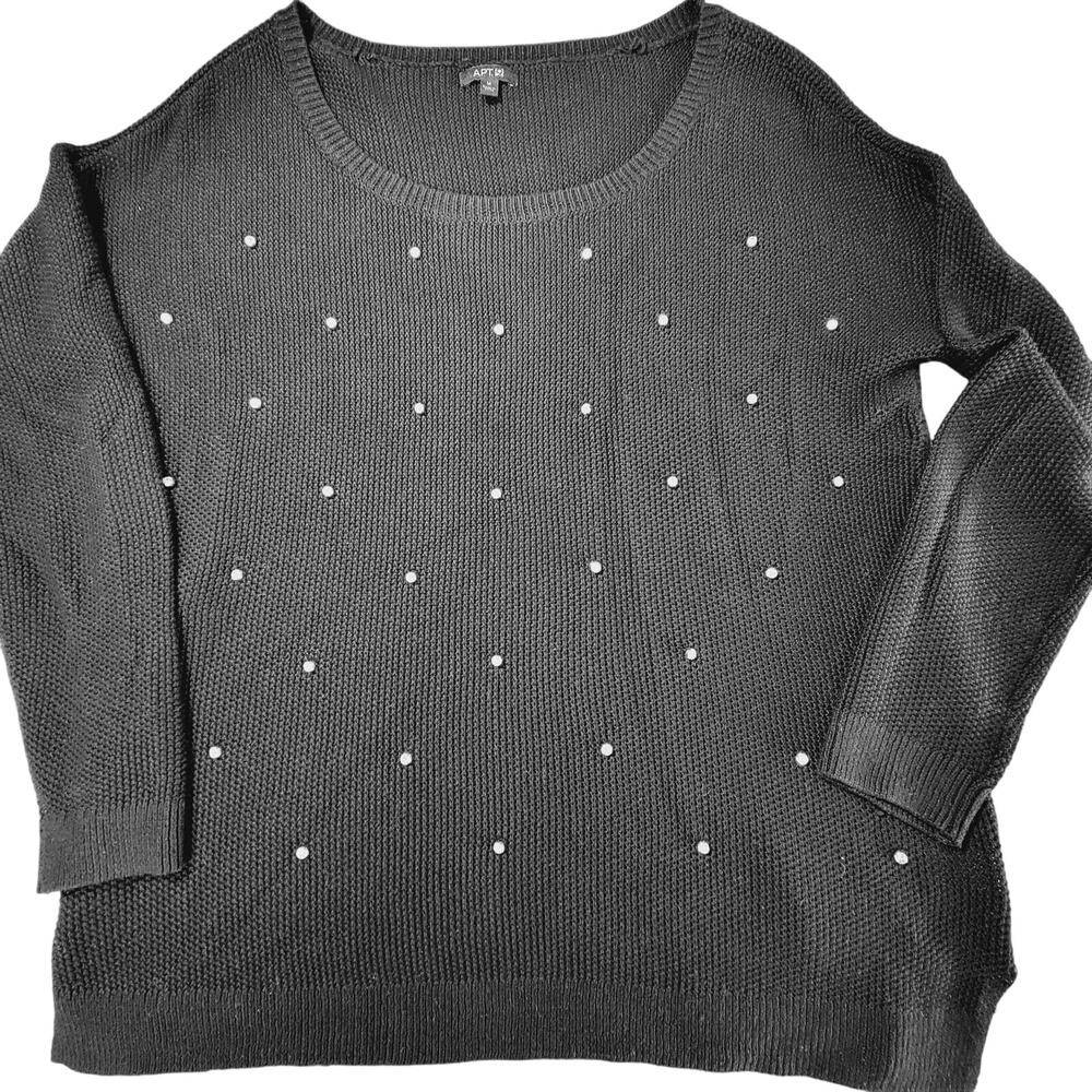 Apt 9 Black Rhinestone Sweater Women Size M Classic Long Sleeves Waffle Knit Top